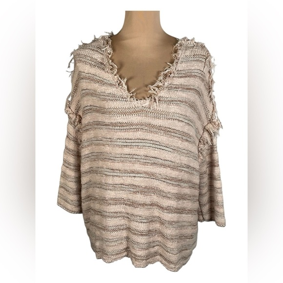 FREE PEOPLE SPELLS TROUBLE BROWN & BEIGE DISTRESSED RAW SWEATER - Picture 4 of 12